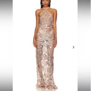 Lovers + Friends Rose Gold Sequin Halter Maxi Dress